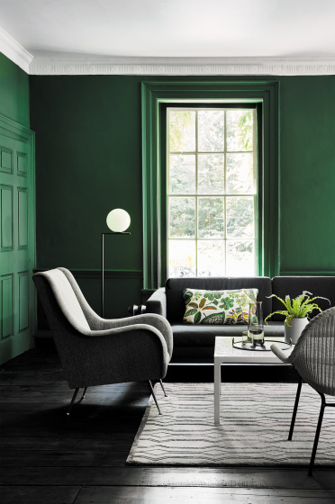 Living space painted in dark green (Puck) with a grey sofa, armchair and a white table on a rug.