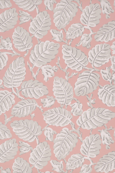 Swatch of the pink and grey leaf print wallpaper 'Beech Nut - Delicate'.
