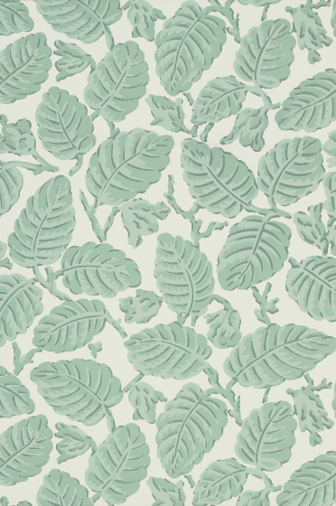 Swatch of the pale green leaf print wallpaper 'Beech Nut - Rubine'.
