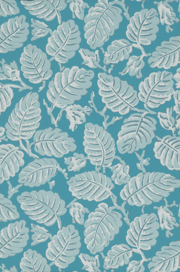 Swatch of the blue leaf print wallpaper 'Beech Nut - Summer'.