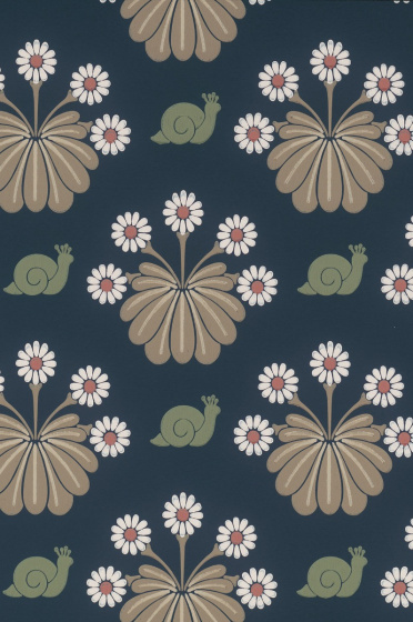 Swatch of the floral and snail print wallpaper 'Burges Snail - Dark Blue'.