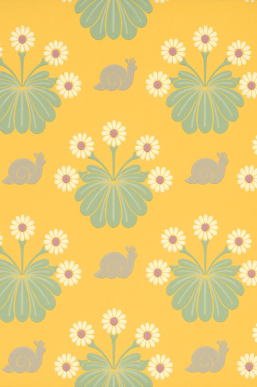 Swatch of the yellow floral and snail print wallpaper 'Burges Snail - Lemon'.