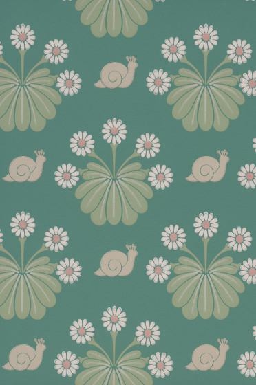 Swatch of the green floral and snail wallpaper 'Burges Snail - Ocean'.
