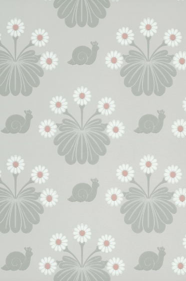 Swatch of the grey snail and floral print wallpaper 'Burges Snail - Silver'.