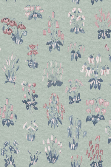 Swatch of the pale green floral wallpaper 'Millefleur - Chambray'.