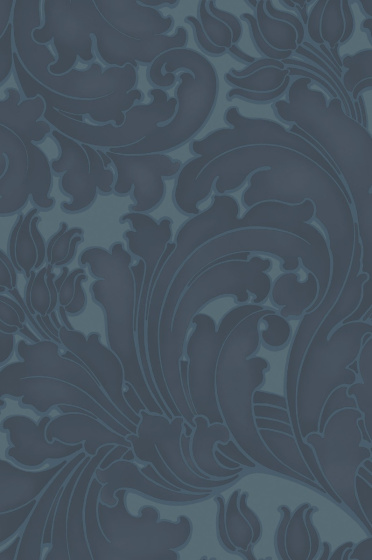 Swatch of the dark blue scrolling foliage wallpaper 'Tulip - Blue Black'.