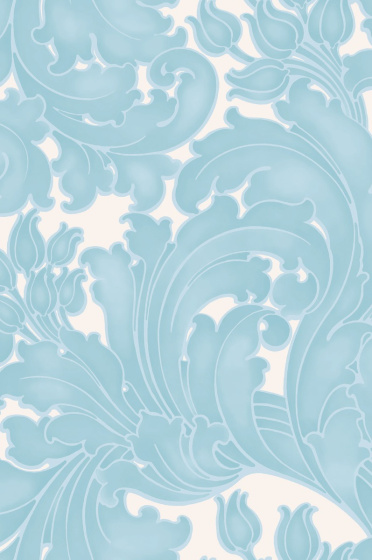 Swatch of the blue and off-white scrolling foliage wallpaper 'Tulip - Powder Blue'.