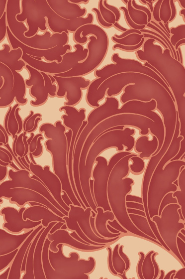 Swatch of the dark red scrolling foliage wallpaper 'Tulip - Theatre'.