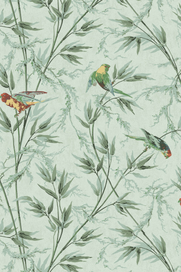 Swatch of the soft pale green bird and leaf print wallpaper 'Great Ormond Street - Verditure'.