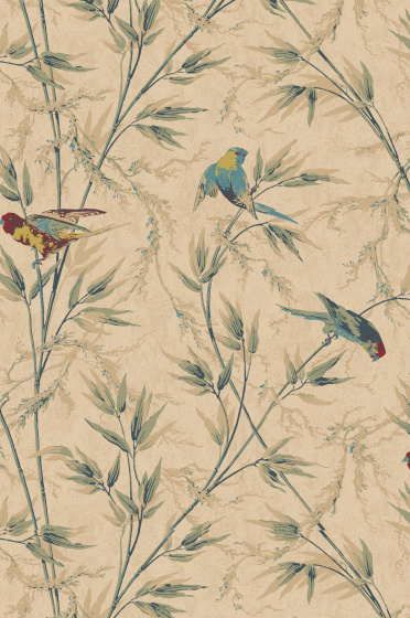 Swatch of the sandy neutral bird and leaf print wallpaper 'Great Ormond Street - Parchment'.