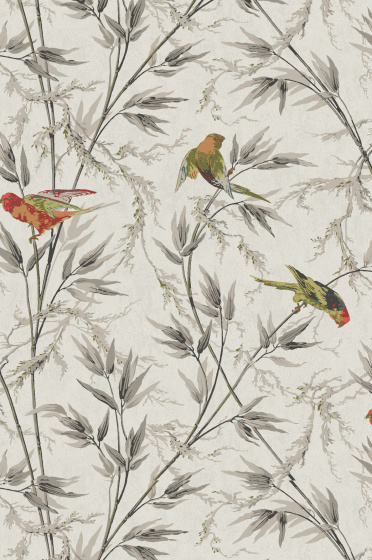 Swatch of the neutral grey bird and leaf print wallpaper 'Great Ormond Street - Signature'.