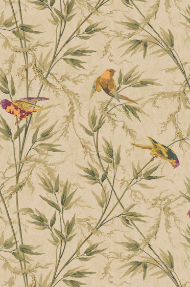 Swatch of the warm yellow neutral bird and leaf print wallpaper 'Great Ormond Street - Stable'.