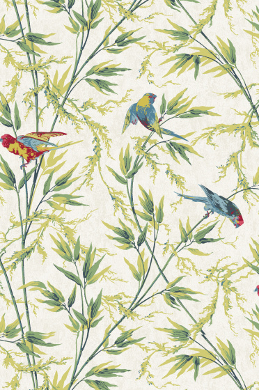 Swatch of the yellow and green bird and leaf print wallpaper 'Great Ormond Street - Tropical'.