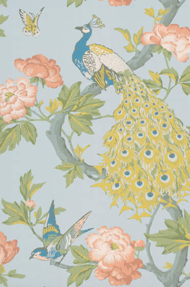 Swatch of the pale blue peacock design wallpaper 'Pavona - Skye'.