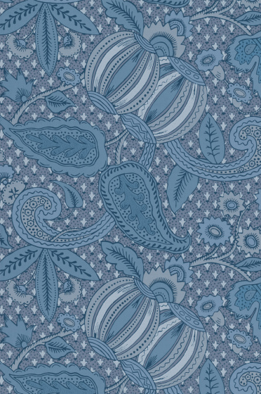 Swatch of the dark blue paisley design wallpaper 'Pomegranate - Blue Scale'.