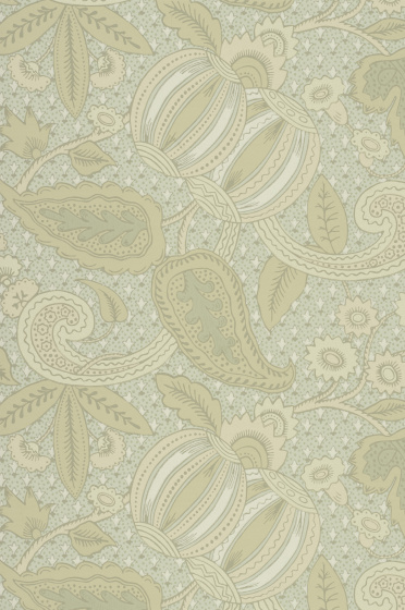 Swatch of the muted green paisley design wallpaper 'Pomegranate - Green Scale'.