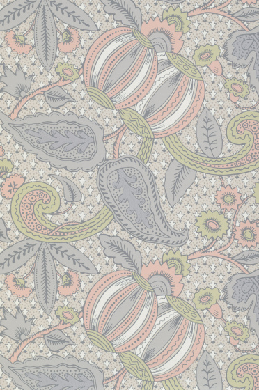 Swatch of the neutral, pink and purple paisley design wallpaper 'Pomegranate - Pastel'.