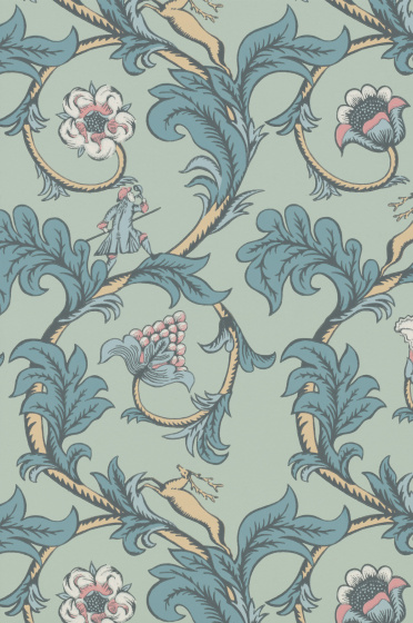 Swatch of the pale blue floral wallpaper 'Stag Trail - Arsenic'.