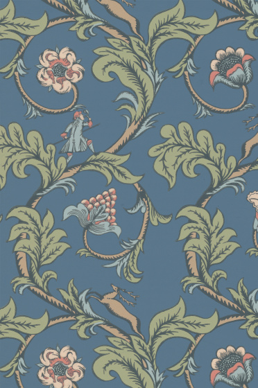 Swatch of the dark blue floral wallpaper 'Stag Trail - Juniper'.