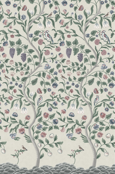 Swatch of the neutral mural tree wallpaper 'Mandalay - Arbour'.