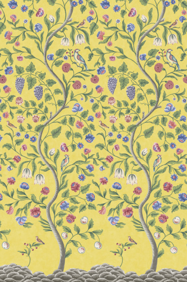 Swatch of the yellow tree mural wallpaper 'Mandalay - Pollen'.
