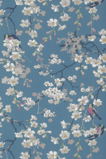 Swatch of the blue floral wallpaper 'Massingberd Blossom - Deep Blue'.