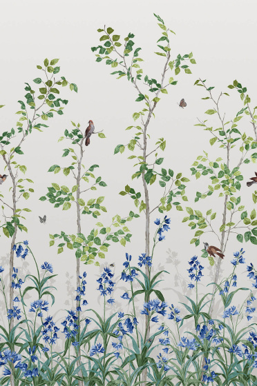 Swatch of the neutral floral mural wallpaper 'Bird & Bluebell - Ceviche'.