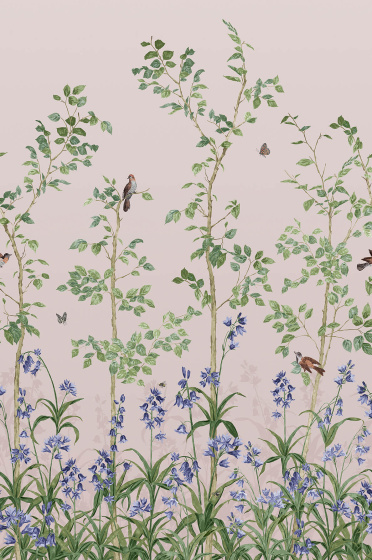 Swatch of the pink neutral floral mural wallpaper 'Bird & Bluebell - China Clay'.
