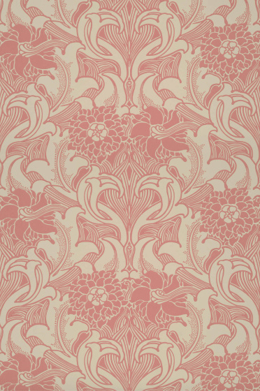 Swatch of the pink scrolling floral wallpaper 'Dahlia Scroll - Carmine'.
