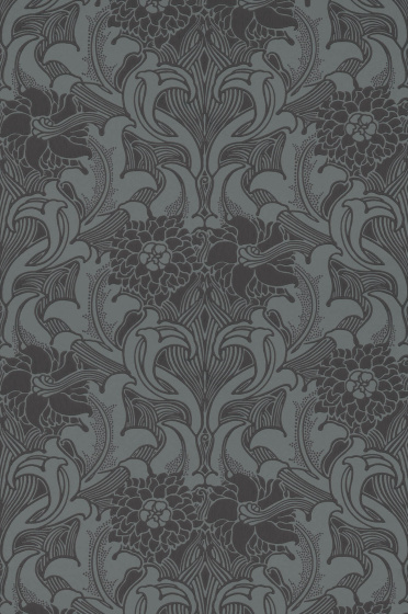 Swatch of the blue and black scrolling floral wallpaper 'Dahlia Scroll - Etruria'.