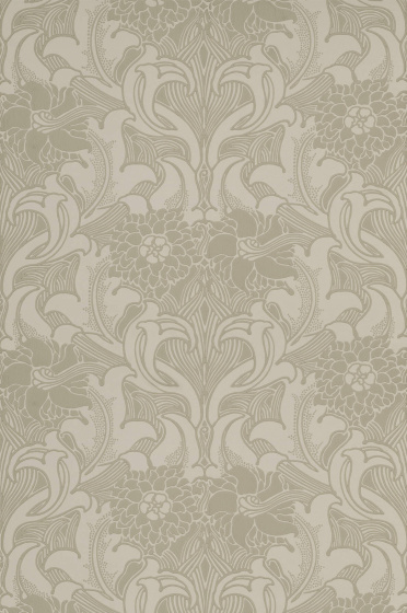 Swatch of the grey neutral scrolling floral wallpaper 'Dahlia Scroll - French Grey'.
