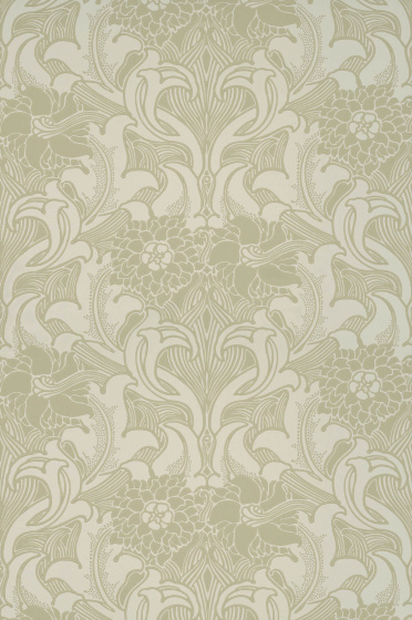Swatch of the neutral scrolling floral wallpaper 'Dahlia Scroll - Mirror'.
