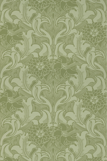 Swatch of the green scrolling floral wallpaper 'Dahlia Scroll - Pea Green'.