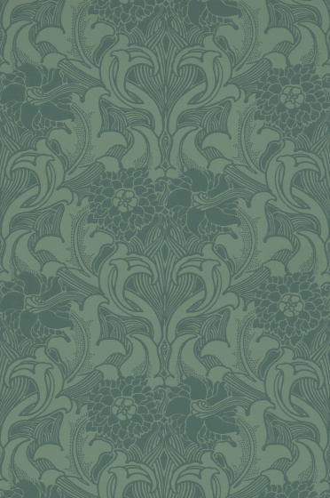 Swatch of the dark green scrolling floral wallpaper 'Dahlia Scroll - Tea With Florence'.