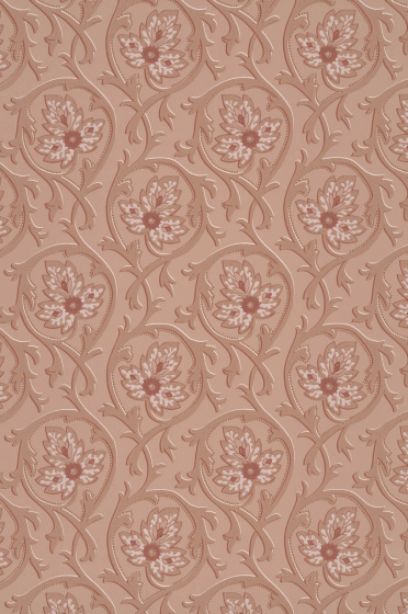 Swatch of the pink scrolling foliage wallpaper 'Hoja - Hellebore'.