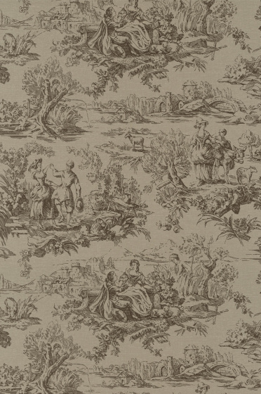 Swatch of the brown Toile de Jouy wallpaper 'Lovers' Toile - Attic II'.