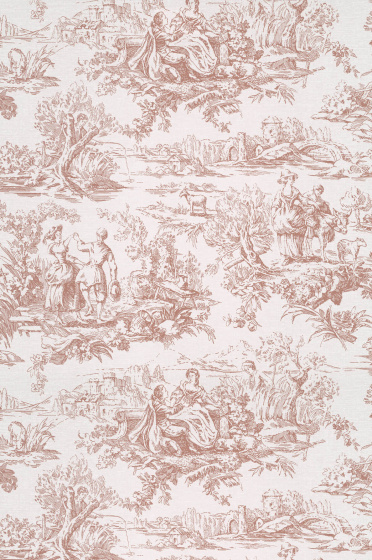 Swatch of the pink Toile de Jouy wallpaper 'Lovers' Toile - Blush'.
