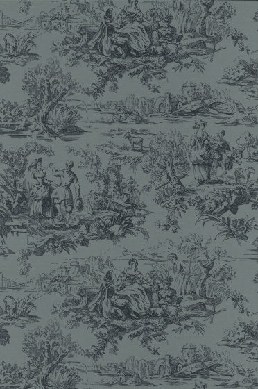 Swatch of the blue and grey Toile de Jouy wallpaper 'Lovers' Toile - Hicks' Blue'.
