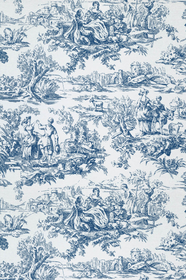 Swatch of the blue and white Toile de Jouy wallpaper 'Lovers' Toile - Mazarine'.