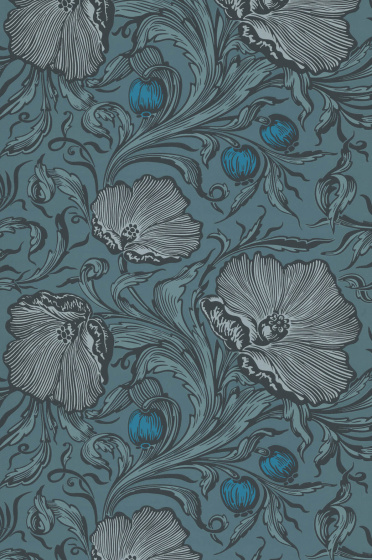 Swatch of the muted blue floral poppy print wallpaper 'Poppy Trail - Air Force Blue'.