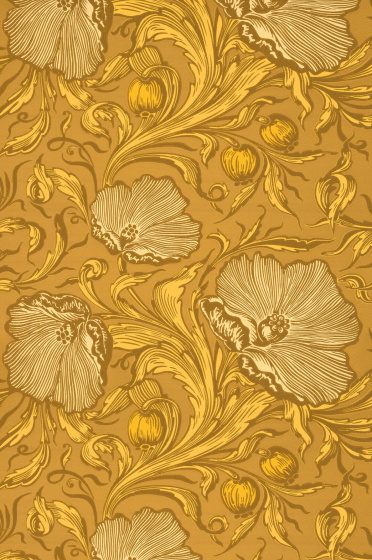 Swatch of the yellow orange floral poppy print wallpaper 'Poppy Trail - Yellow Pink'.