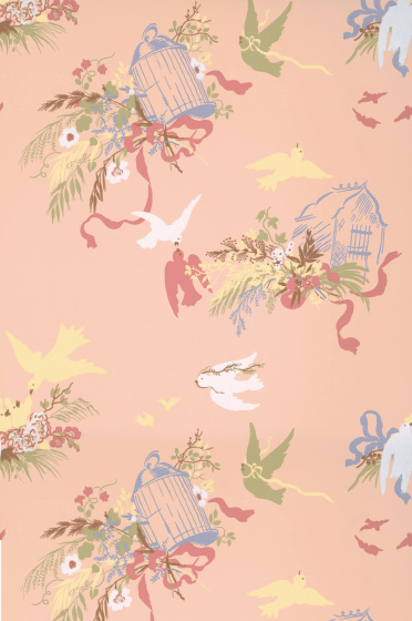 Swatch of the pink floral bird wallpaper 'Volières - Confetti'.