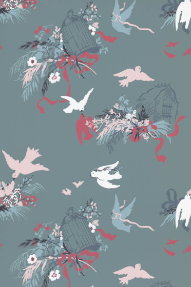 Swatch of the muted blue floral bird wallpaper 'Volières - Etruria'.