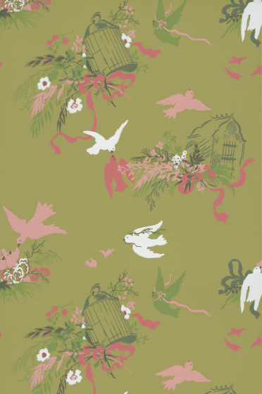 Swatch of the deep green floral bird wallpaper 'Volières - Garden'.