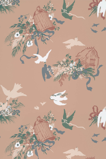 Swatch of the neutral pink floral bird wallpaper 'Volières - Masquerade'.