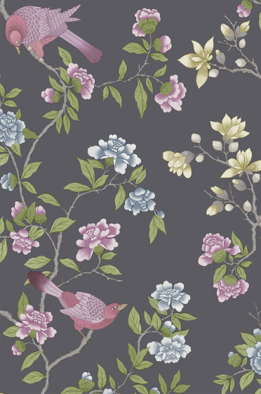 Swatch of the dark grey floral and bird wallpaper 'Aderyn - Arquerite Dark'.
