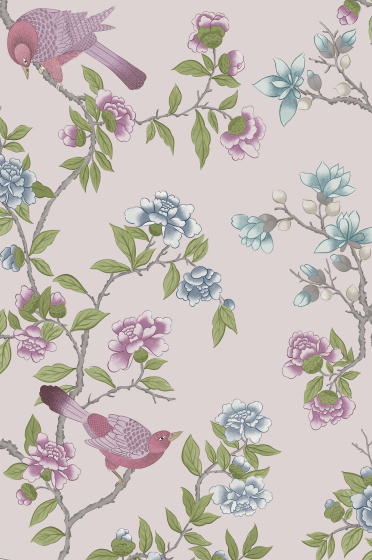 Swatch of the warm white floral and bird wallpaper 'Aderyn - China Clay'.