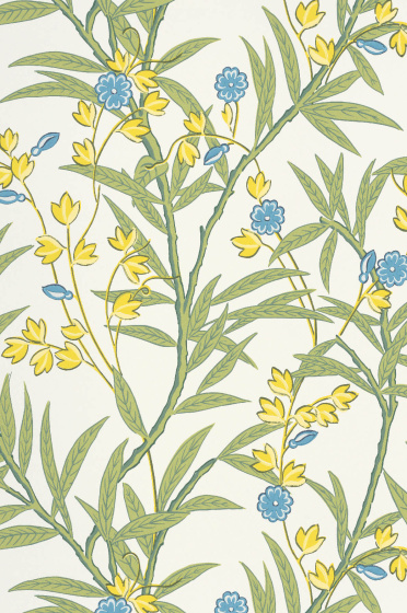 Swatch of the green and blue botanical floral print  wallpaper 'Bamboo Floral - Blue Verditer'.
