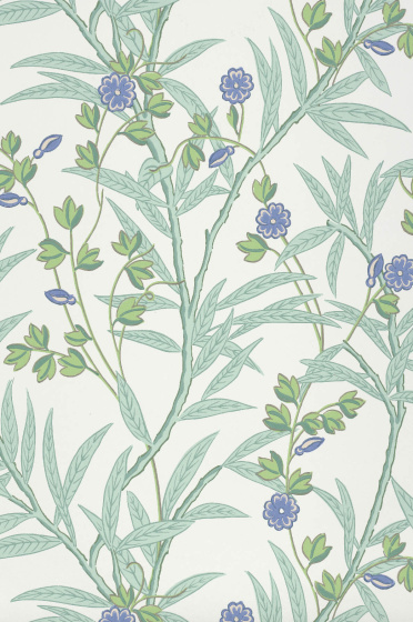 Swatch of the green and blue botanical floral print  wallpaper 'Bamboo Floral - Mambo'.