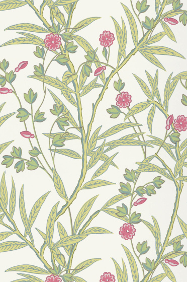 Swatch of the green and pink botanical floral print wallpaper 'Bamboo Floral - Mischief'.